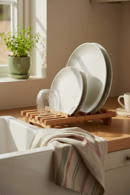 Detalle de cocina con vajilla limpia secando junto a la ventana