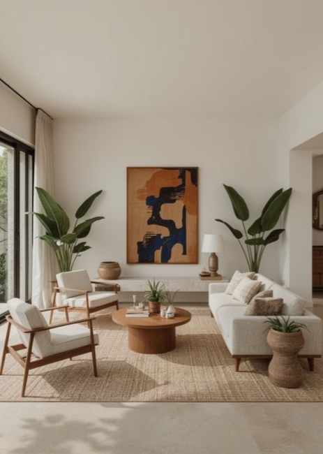 Salón luminoso con luz natural, plantas y orden en un hogar madrileño